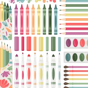 Flower Art Supplies Clipart - Crayon Marker Paint Children Clip Art, Back To School Teacher Classroom Craft SVG - Commercial Use