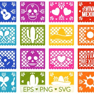 Puede incluir: Un conjunto de 12 recortes de papel coloridos con varios diseños de temática mexicana, que incluyen una calavera, un cactus, una guitarra, maracas, corazones, un sol, un sombrero y el texto "Viva México".