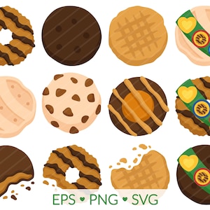 Clipart koekjesverkoper - SVG, PNG, EPS-afbeeldingen - lentekoekjesverkoop, bakkerijproducten, chocolade-kokosnoot-pindakaasmunt, meisjeskoekjes