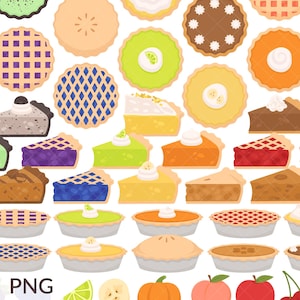 May include: A collection of colorful, cartoon-style illustrations of various pies and pie slices. The pies feature different fillings and toppings, including fruit, cream, and lattice crusts. The image is set against a white background.