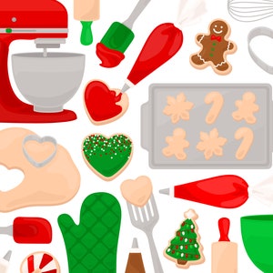 May include: A collection of Christmas cookie baking supplies, including a red stand mixer, cookie cutters, a baking sheet, a rolling pin, a piping bag, and a green oven mitt.