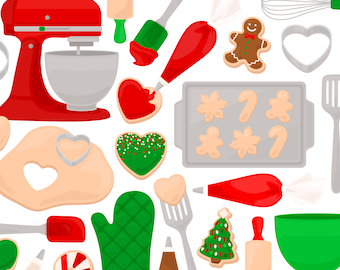 Christmas Cookie Baking Clipart - Mixer Frosting Icing Spatula Whisk Holiday Winter Santa Clip Art - For Commercial Use