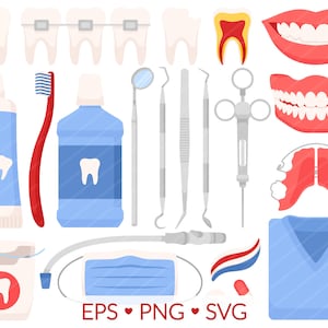 Zahnarzt-Clipart-Pack, Kieferorthopädische Bürografik, Zahnpflege-Aufklärung, Zahnbürste Zahnpasta Mundwasser Zahnseide, Gebisshalter