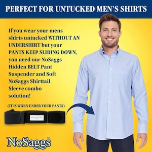 Liguero oculto con mangas NoSaggs para hombres que usan camisas por fuera del pantalón. Se usa sobre la piel, debajo de los pantalones, sin que se vea.