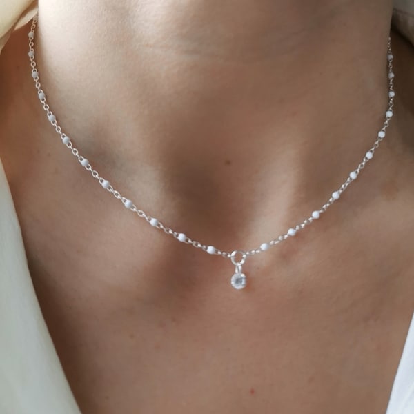 Collier chaîne perles émail blanc argent 925