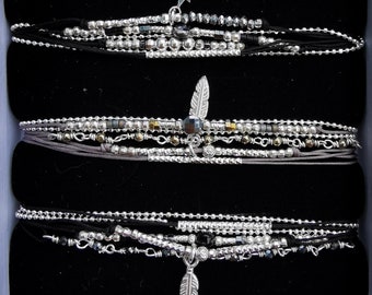 925 silver star feather multi-row bracelet