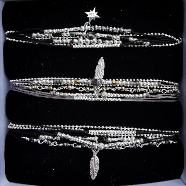 Bracelet multi rangs plume étoile argent 925