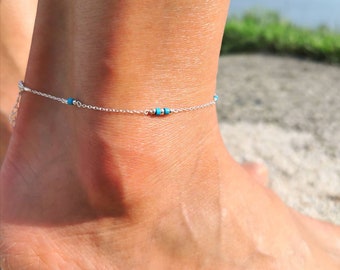 bracelet de cheville turquoise • chaîne de cheville argent massif  •  pierre naturelle