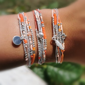 Orange multi-strand bracelet• 925 silver bracelet summer jewelry• Women&#39;s gift• sterling silver cuff bracelet