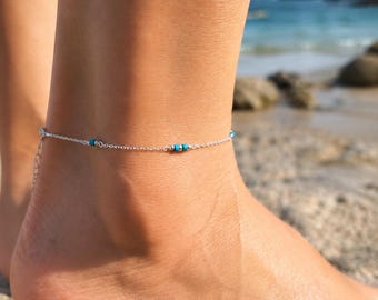 Pulsera de tobillo turquesa • Cadena de tobillo de plata maciza • Piedra natural • Regalo para mujer • Regalo para ella