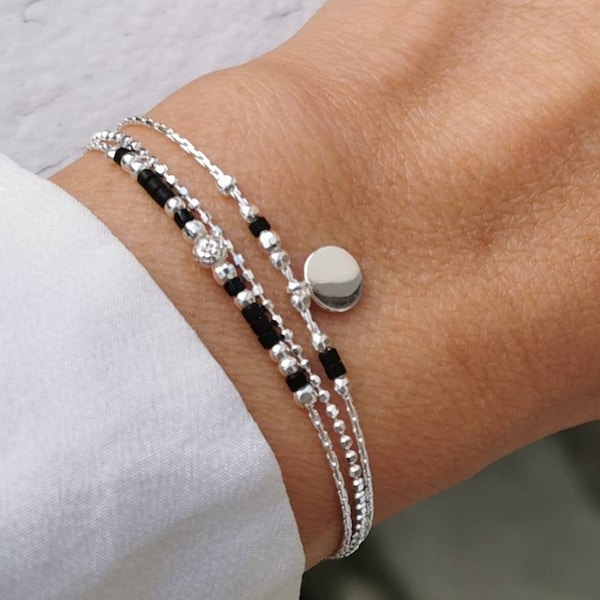 three row bracelet • black bracelet • 925 silver