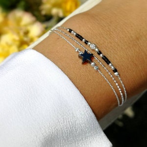 three-row bracelet • black bracelet • 925 silver star bracelet • Women&#39;s gift • sterling silver cuff bracelet