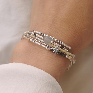 Beige multi-row bracelet • 925 silver star bracelet • Women&#39;s gift • sterling silver cuff bracelet