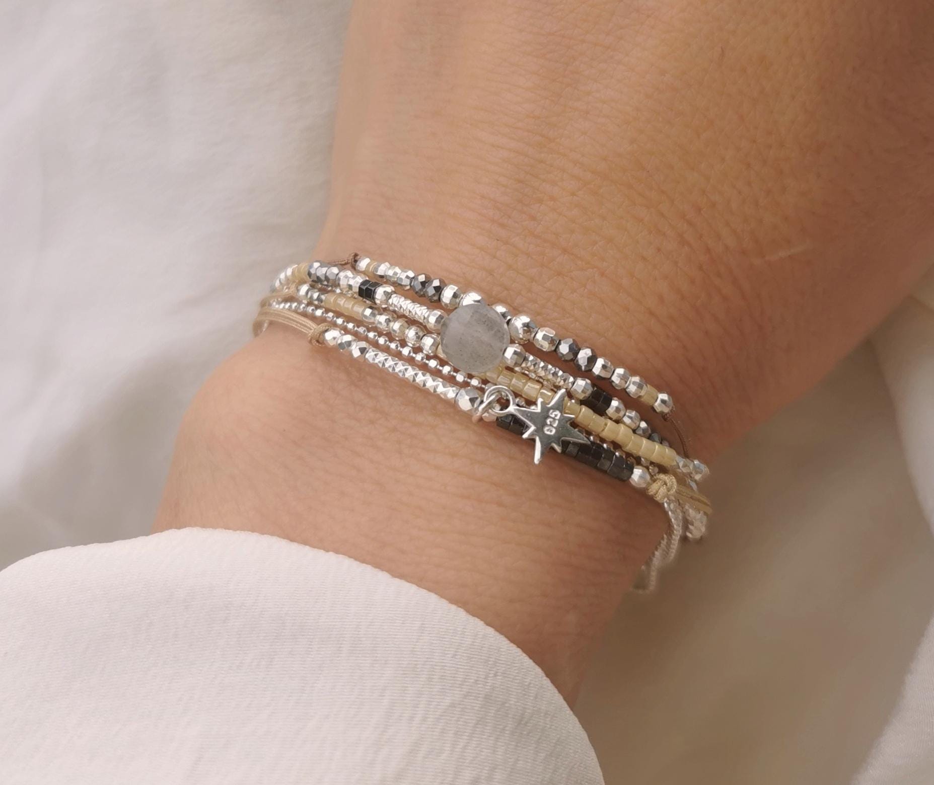 Bracelet multi-rangs beige • Bracelet argent 925 étoile• Cadeau