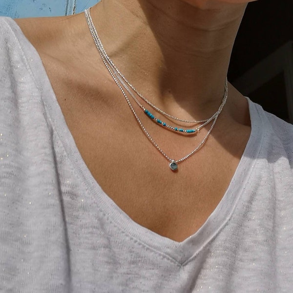 Turquoise necklace • three-row necklace • 3,925 silver chains