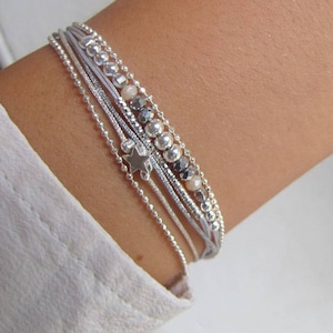Multi-Wrap Star Silver Bracelets • 925 silver bracelet • Beige gray bracelet • Thin layered bracelet • Women's gift
