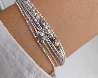 beigegraues Armband • mehrreihig • massiv 925er Silber