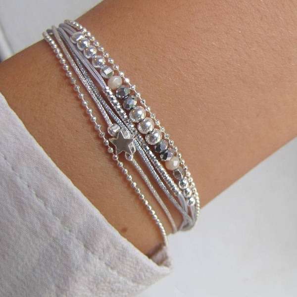 beigegraues Armband • mehrreihig • massiv 925er Silber