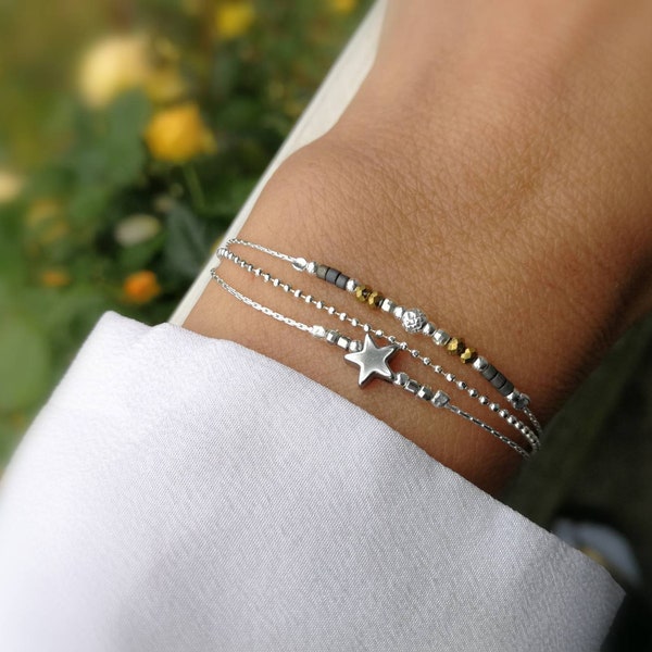 three row bracelet • gray bracelet • 925 silver star bracelet