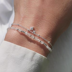 Månstensarmband • Dubbelradigt • Armband i 925 sterlingsilver med polarstjärnedesign • Gåva till kvinnor • Manschettarmband i sterlingsilver