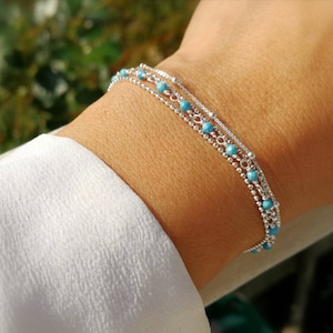 Multi-Wrap Silver Bracelet • Thin Bracelet • Turquoise Bracelet • Women&#39;s Gift • Sterling Silver Cuff Bracelet