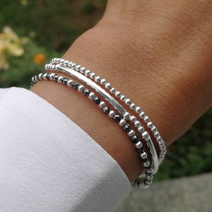 Set of three elastic silver beaded bracelets • Women&#39;s gift • sterling silver cuff bracelet