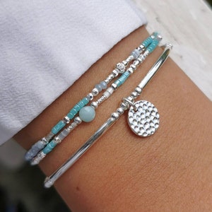 Set of three elastic silver beaded bracelets • Gift for women • Sterling silver cuff bracelet