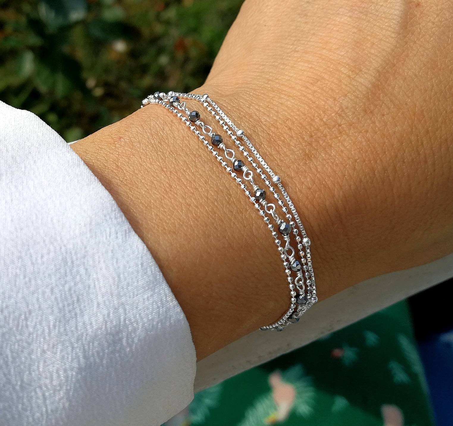 Bracelet Ancien En Argent Massif Avec 5 Hématites - Style Articulé - Bon État Occasion
