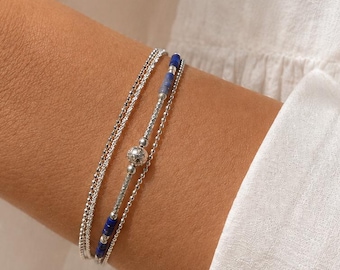 Lapis Lazuli Bracelet • Multi-strand bracelet • 925 Sterling Silver Bracelet • Gift for women • Sterling silver cuff bracelet