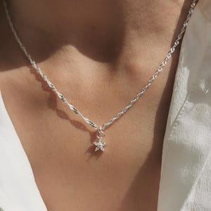 Può includere: Una collana d'argento con una delicata catena ritorta e un piccolo ciondolo a forma di fiore. Il ciondolo presenta molteplici piccole pietre trasparenti, creando un effetto scintillante. La collana è indossata su una camicia bianca.