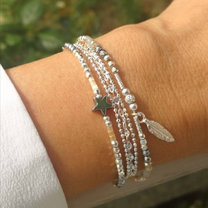 multi-row star feather bracelet • 925 silver bracelet • Women&#39;s gift