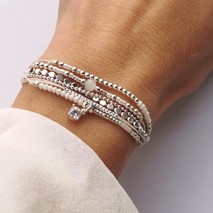 White zirconium multi-row bracelet • 925 silver bracelet • Women&#39;s gift • Sterling silver cuff bracelet