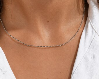 925 Sterling Silver Chain Necklace with Faceted Rectangular Cable Links • Minimalist and Delicate Necklace • Gift for Women • Sterling Silver Necklace