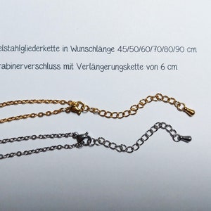 May include: Two stainless steel chains with lobster claw clasps. The gold chain is 45/50/60/70/80/90 cm long and the silver chain is 45/50/60/70/80/90 cm long. Both chains have an extension chain of 6 cm.