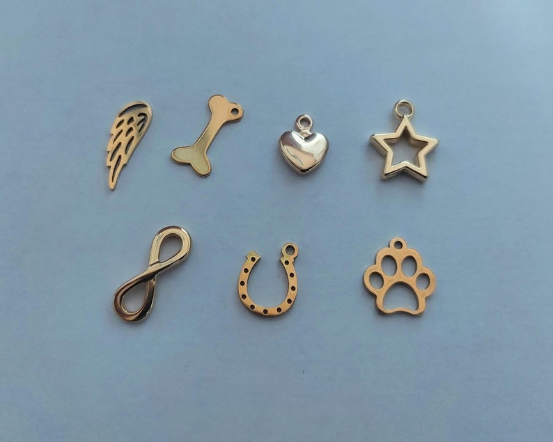 May include: Eight gold-colored metal charms in the shape of a wing, bone, heart, star, infinity symbol, horseshoe, paw print, and a star.