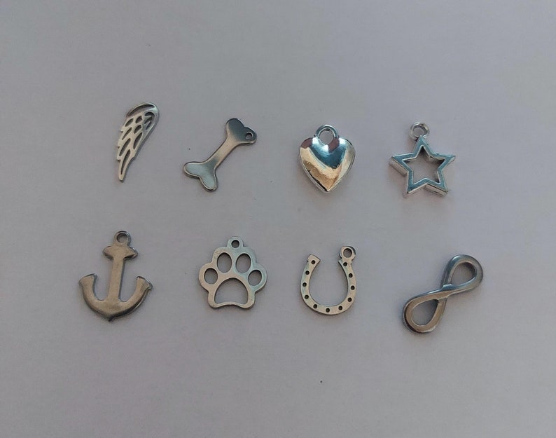 May include: A set of ten silver charm pendants, including a paw print, a heart, a bone, an anchor, a horseshoe, an infinity symbol, a wing, and a star.