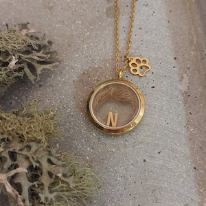 May include: Gold necklace with a round locket containing hair and the letter N. The locket is attached to a small paw print charm.