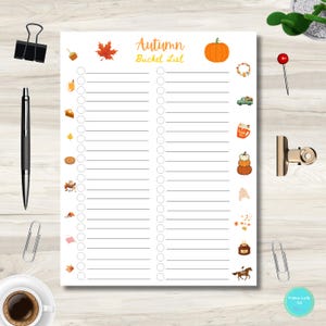 autumn bucket list ideas with yellow fall leaves, stationary items and a cup of coffee in the background, us letter size printable autumn list, autumn bucket list printable, autumn to do list printable, autumn activity list, autumn activity bucket list, autumn fun ideas list, autumn party ideas, pumpkin season activity list