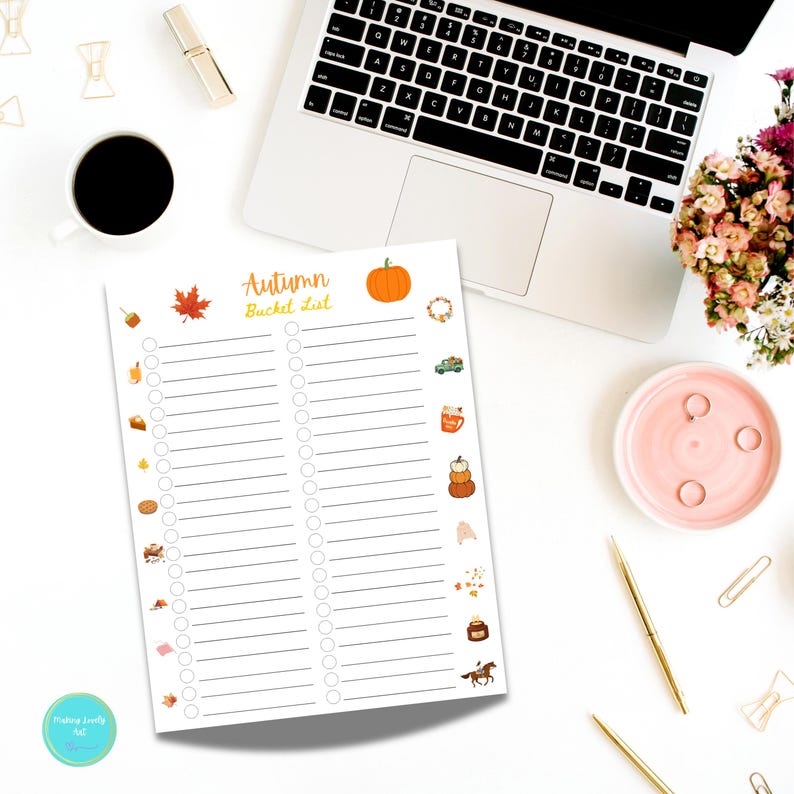 autumn bucket list ideas with laptop flowers candle and coffee mug in the background, us letter size printable autumn list, autumn bucket list printable, autumn to do list printable, autumn activity list, autumn activity bucket list, autumn fun ideas list, autumn party ideas, pumpkin season activity list, autumn checklist, autumn to do list