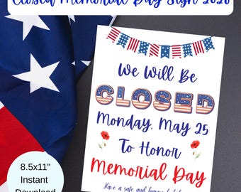 Printable Memorial Day Closed Sign: Business Holiday Notice (PDF Download 8.5x11")