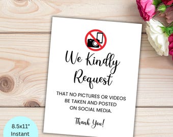 Printable Wedding No Photos or Videos Sign, Media Free Zone Letter Size PDF Download
