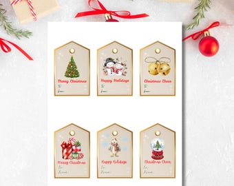 May include: A sheet of six Christmas gift tags with gold trim and various holiday illustrations. The tags feature text like "Merry Christmas," "Happy Holidays," and "Christmas Cheer." Each tag has space to write "To" and "From."