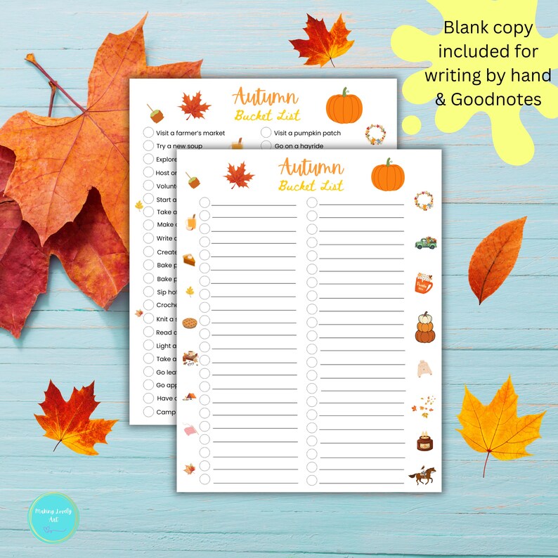 autumn bucket list ideas with yellow fall leaves in the background, us letter size printable autumn list, autumn bucket list printable, autumn to do list printable, autumn activity list, autumn activity bucket list, autumn fun ideas list, autumn party ideas, pumpkin season activity list, autumn checklist, autumn to do list