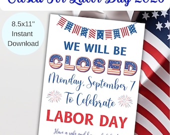 Printable Closed Monday September 7 Labor Day Sign: Business Holiday Notice (PDF Download 8.5x11")