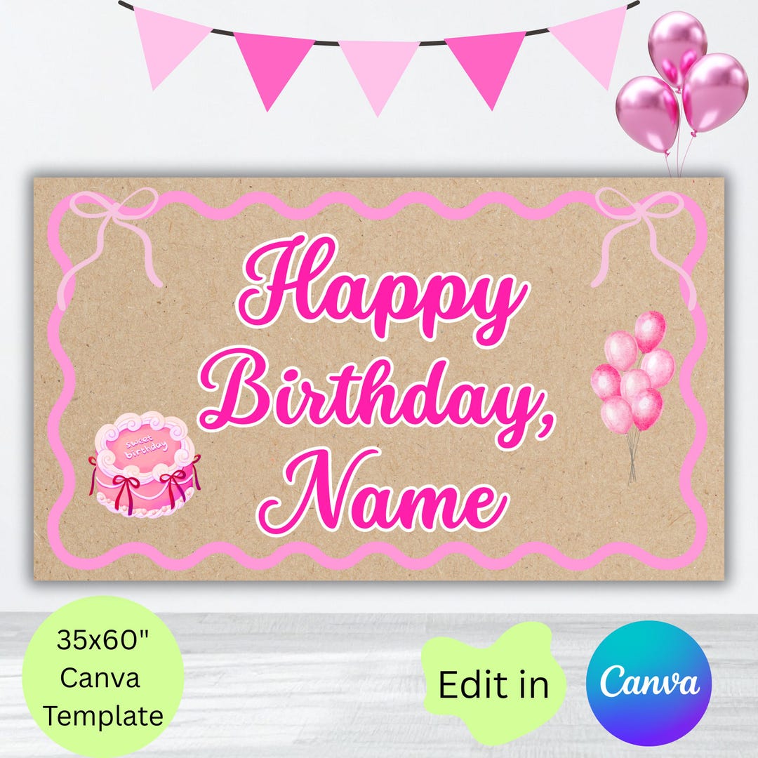 Pink Happy Birthday Painted Banner, Digital Editable Canva Banner ...