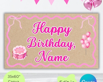 Pink Happy Birthday Painted Banner, Digital Editable Canva Banner Template