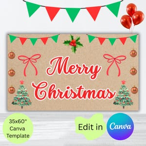 Frohe Weihnachten Bögen und Bäume bemalte Banner, digital bearbeitbare Canva Banner Vorlage