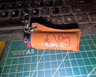 Snoopy and Woodstock Leather Bic lighter case with clip on hasp W/Lighter