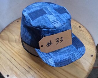 Hand made flat top hat one of a kind denim patch pattern #33