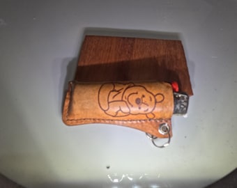 Winnie the pooh Leather Bic lighter case with clip on hasp W/Lighter
